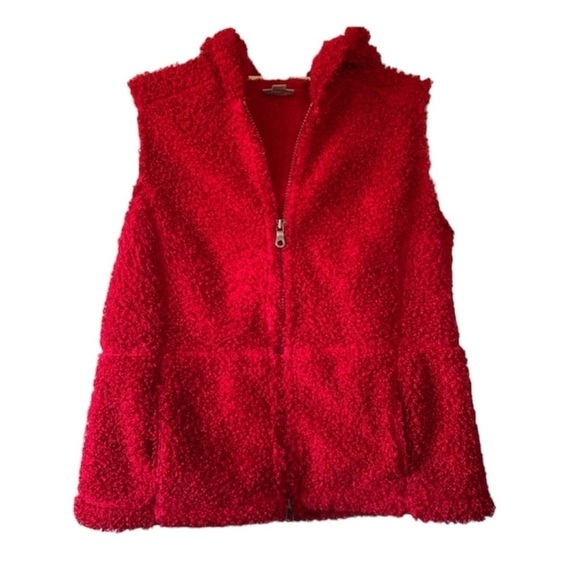 J. Jill Soft Curly Teddy Vest coat cozy red merlo Hooded Fleece winter Jacket Sm - Picture 1 of 10